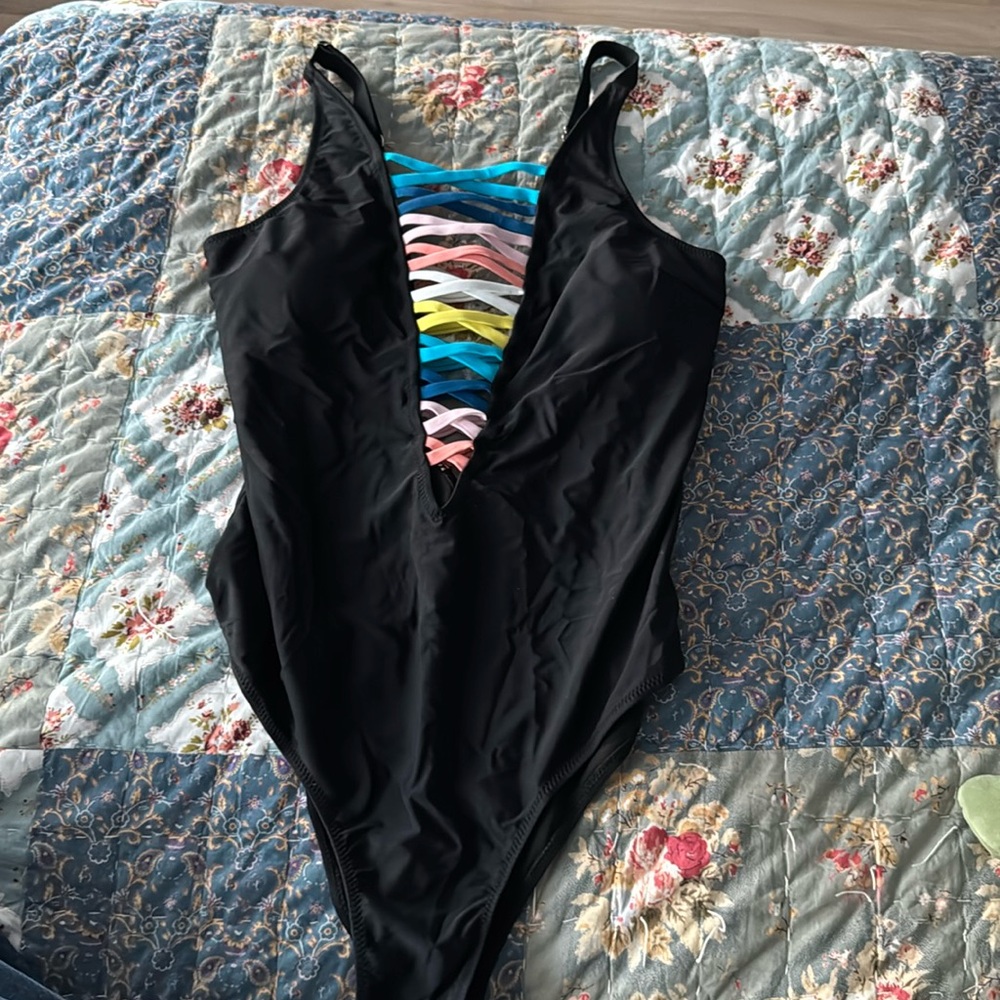 Black swimsuit with colorful accents